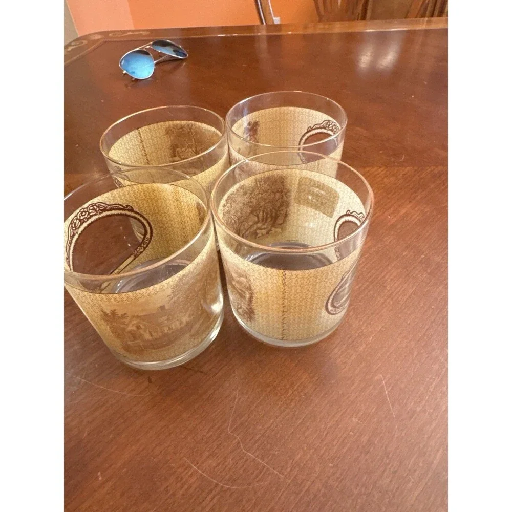 4 Courier & Ives Rocks Glasses Tumblers Homestead Seasons Gold Rims Old Home